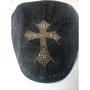 Distressed black Denim Newsboy Cap , Rhinestone Gold Cross Vintage Hat Sz M/L